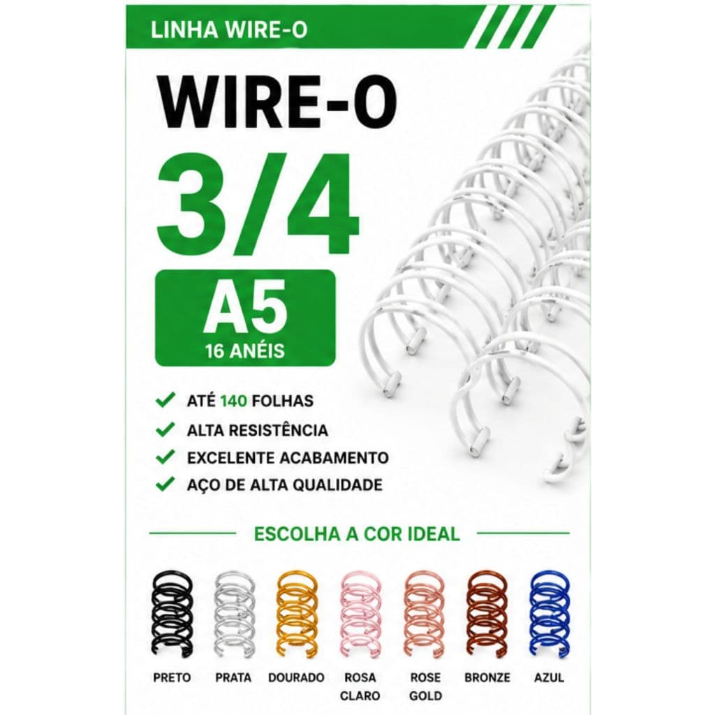 WIRE-O P/ ENCADERNAÇÃO 2X1 A5 3/4"P/ 140 FLS BRANCO,PRETO,PRATA,ROSE,DOURADO,ROSA CLARO,BRONZE,AZUL