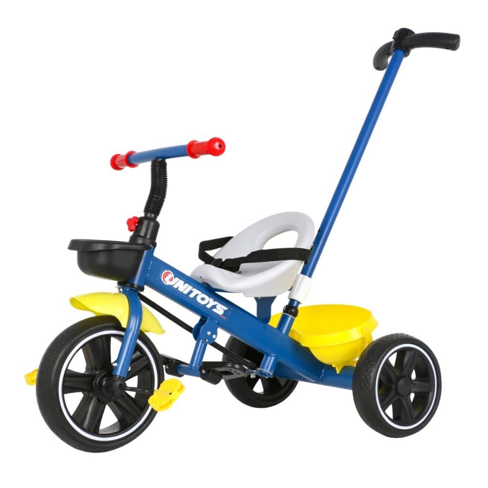 Triciclo Infantil com Empurrador Dirigível Azul Cadeirinha Cinto Cesto Até 25kg 3 Anos