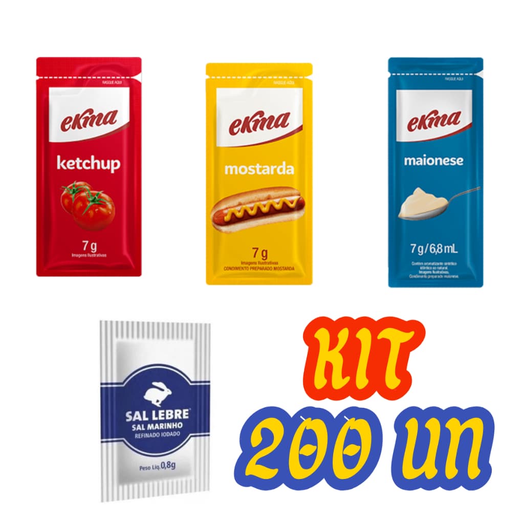 Kit de Ketchup Mostarda Maionese Sal Saches 200un Delivery Fast Food Bar Restaurante Comercio