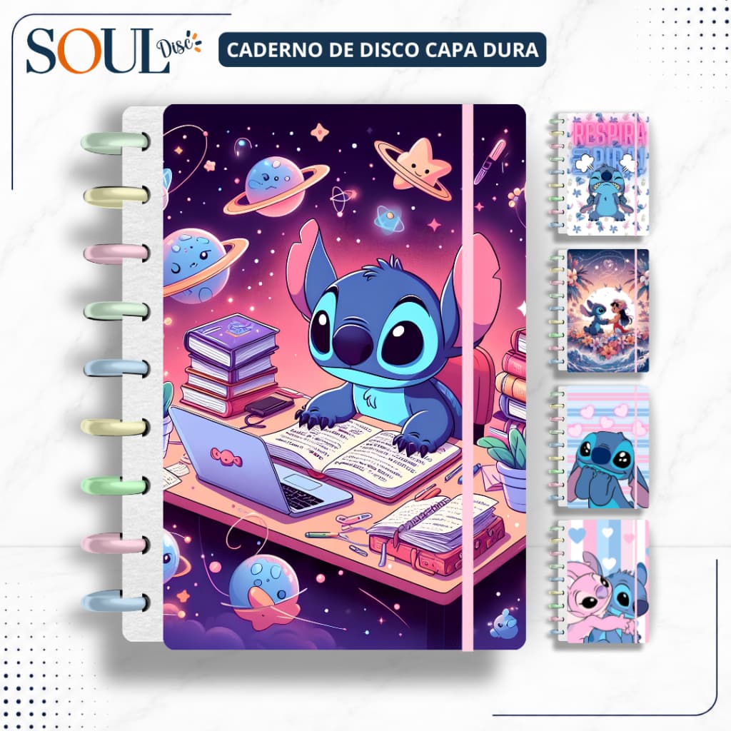CADERNO INTELIGENTE  DE DISCO  STITCH - MINI, P, M, G e (G de 10 MATÉRIAS) - COM NOME
