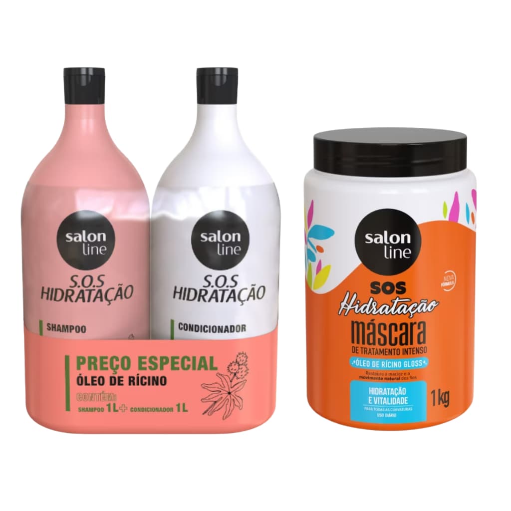 Kit Shampoo e Condicionador Salon Line Rícino 1Litro + Máscara 1kg