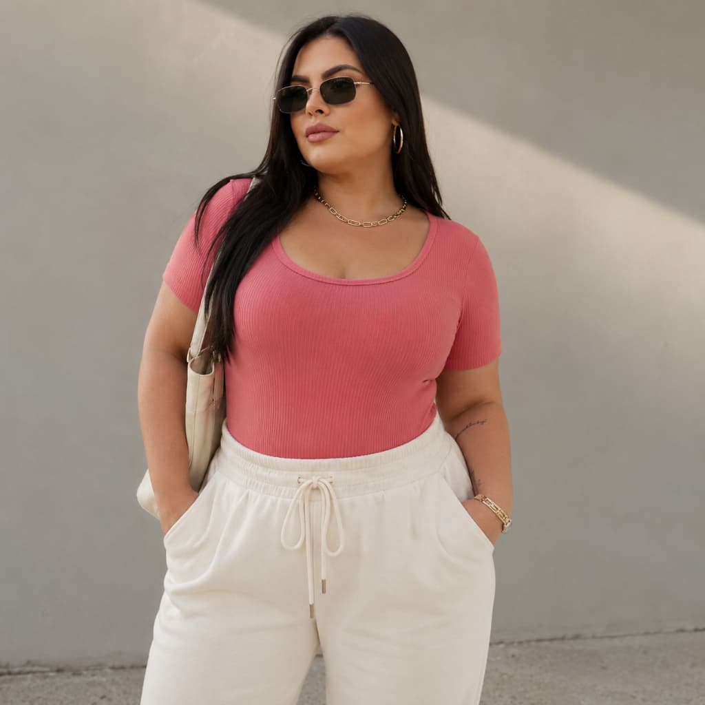 Body Feminino Plus Size Anarruga Manga Curta Decote Redondo Básico Casual Confortável Modelador Moda Feminina
