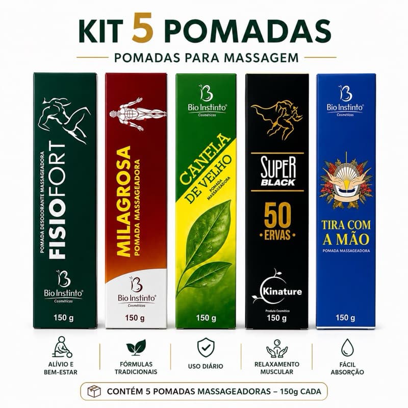 Bio Instinto Kit 5 Pomadas para Massagem 150g Cada FisioFort Milagrosa Canela de Velho Super Black Tira com a Mão