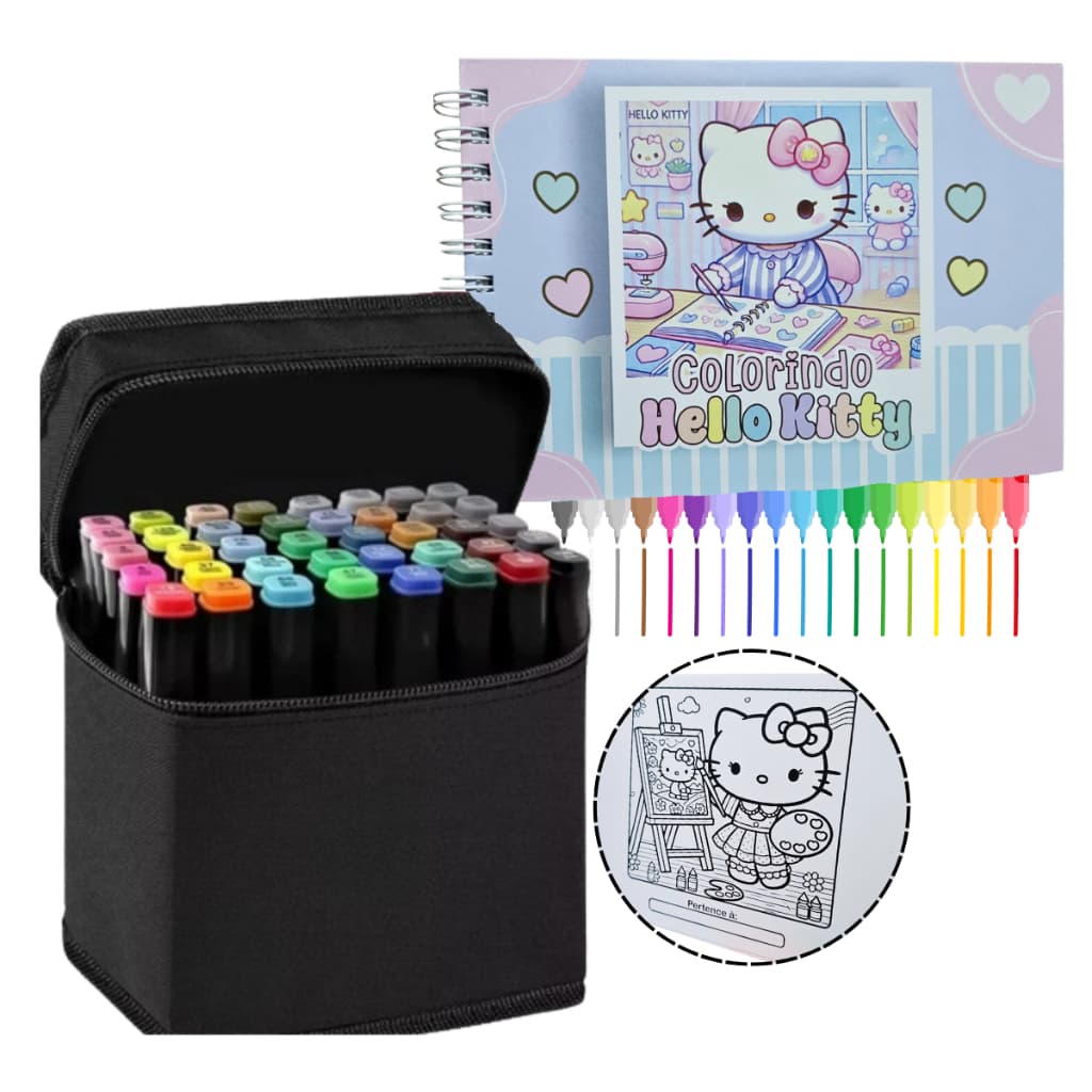Kit Caderno Para Colorir Hello Kitty + 24 Canetinhas Maleta portátil volta as aulas