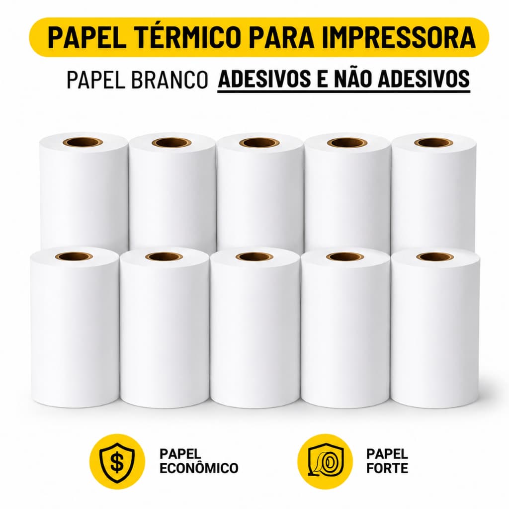 Kit 5/10/15/20 Bobina Etiqueta Térmica Adesiva e Não Adesiva 5,5cmx5m Branco Rolo