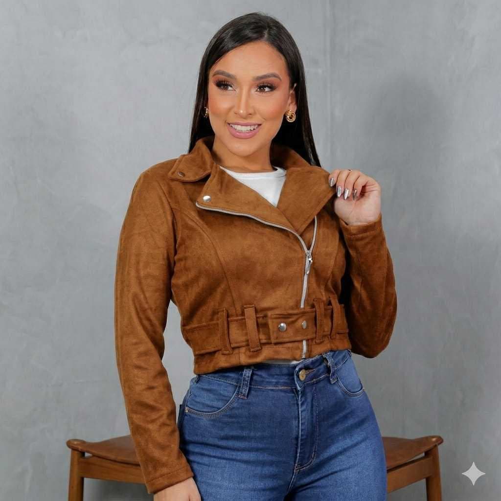 Jaqueta Suede Feminina Biker Curta com Cinto Moda Inverno Elegante Tendência 2026