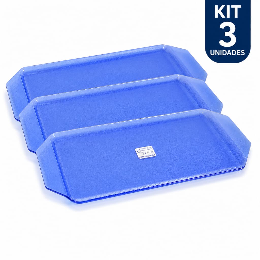 Kit 3 Bandejas de Vidro Azul 31x18cm Para Café Chá Sucos Decoração Servir