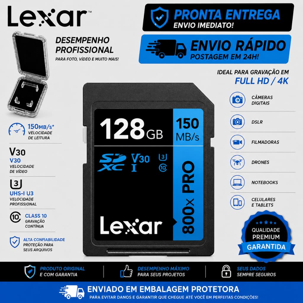 Cartão de Memória SD Lexar 32gb 64gb 128gb SDXC UHS-I 150MB/s C10 U3 V30 4K UHD Full HD Para Câmeras