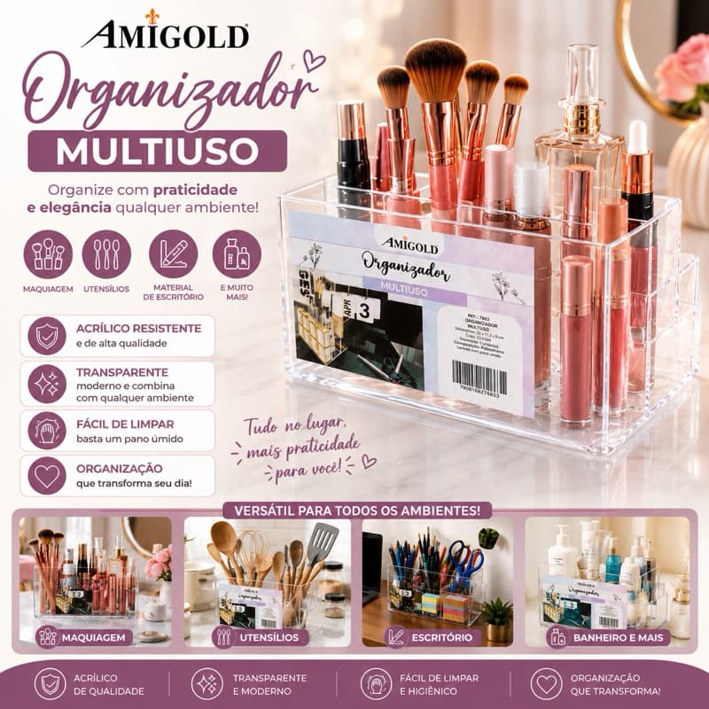 Organizador Acrílico Transparente para Maquiagem e Utensílios - Fácil Visualização