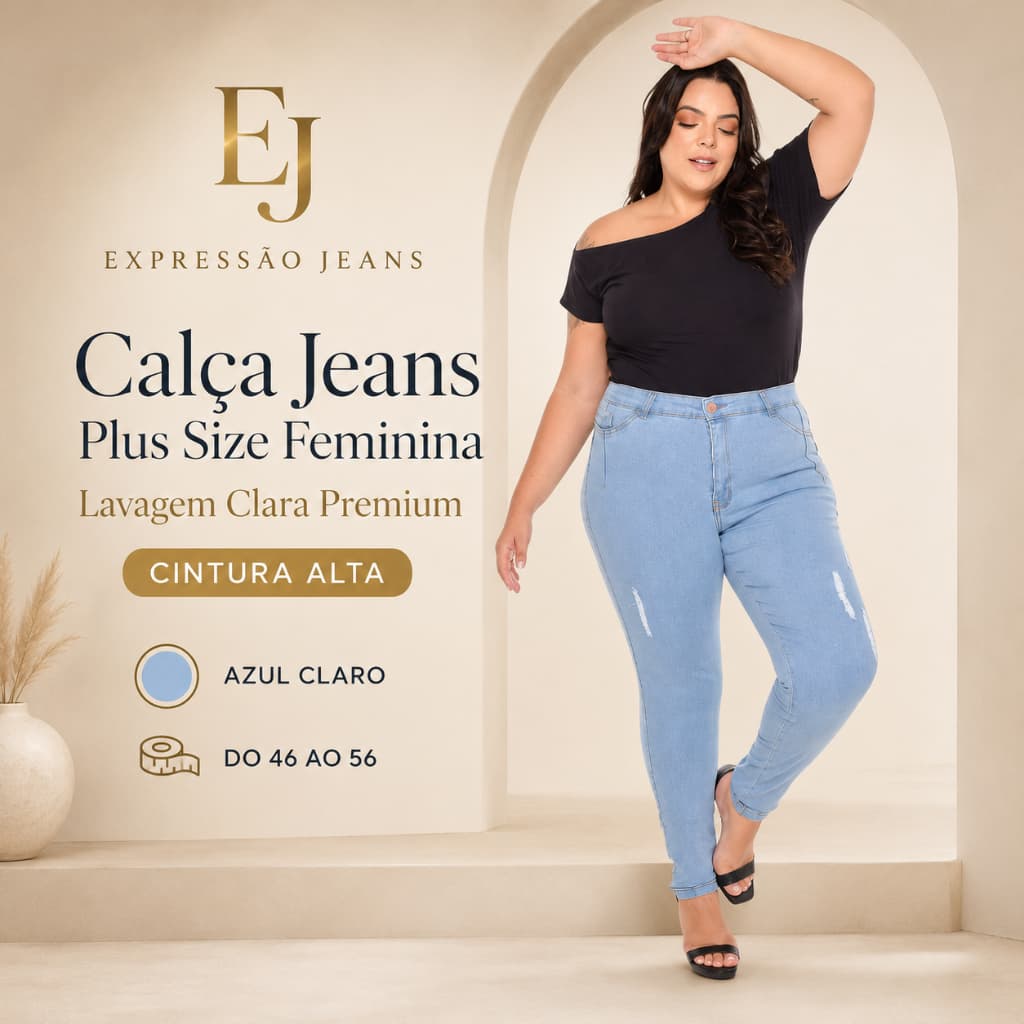 Calça Jeans Plus Size feminina cintura alta premium clara rasgadinha