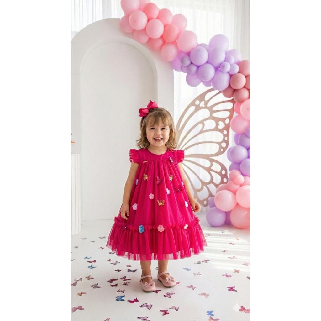 Vestido Vila Lele Baby Liz Pink Jardim das Borboletas | Charme e Conforto