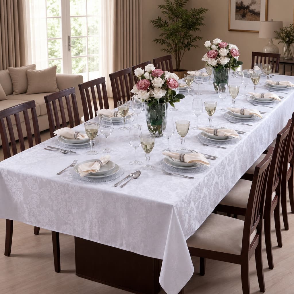 Toalha Forro de Mesa Jacquard Luxo 14 Lugares  Branco 4,00 X 1,40 para Sala, Cozinha e Áreas.
