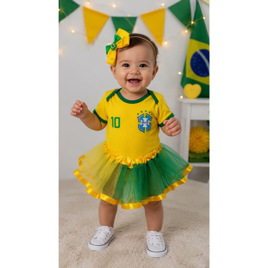 Body Bebê Menina Minha Primeira Copa Brasil Kit Mesversário Temático Fantasia