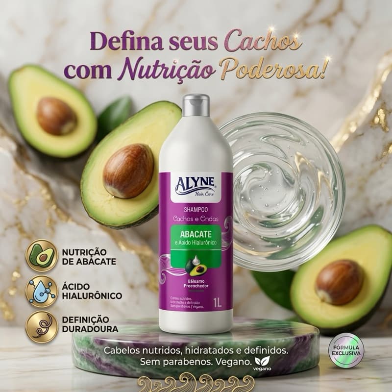 Shampoo Alyne Cachos e Ondas Abacate e Ácido Hialurônico 1L Hidratação Definição Nutrição Vegano⁠