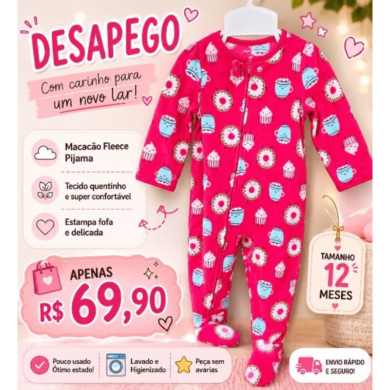 Macacão Fleece Carter's Original 12Meses Bebê Menina Frio (Desapego)