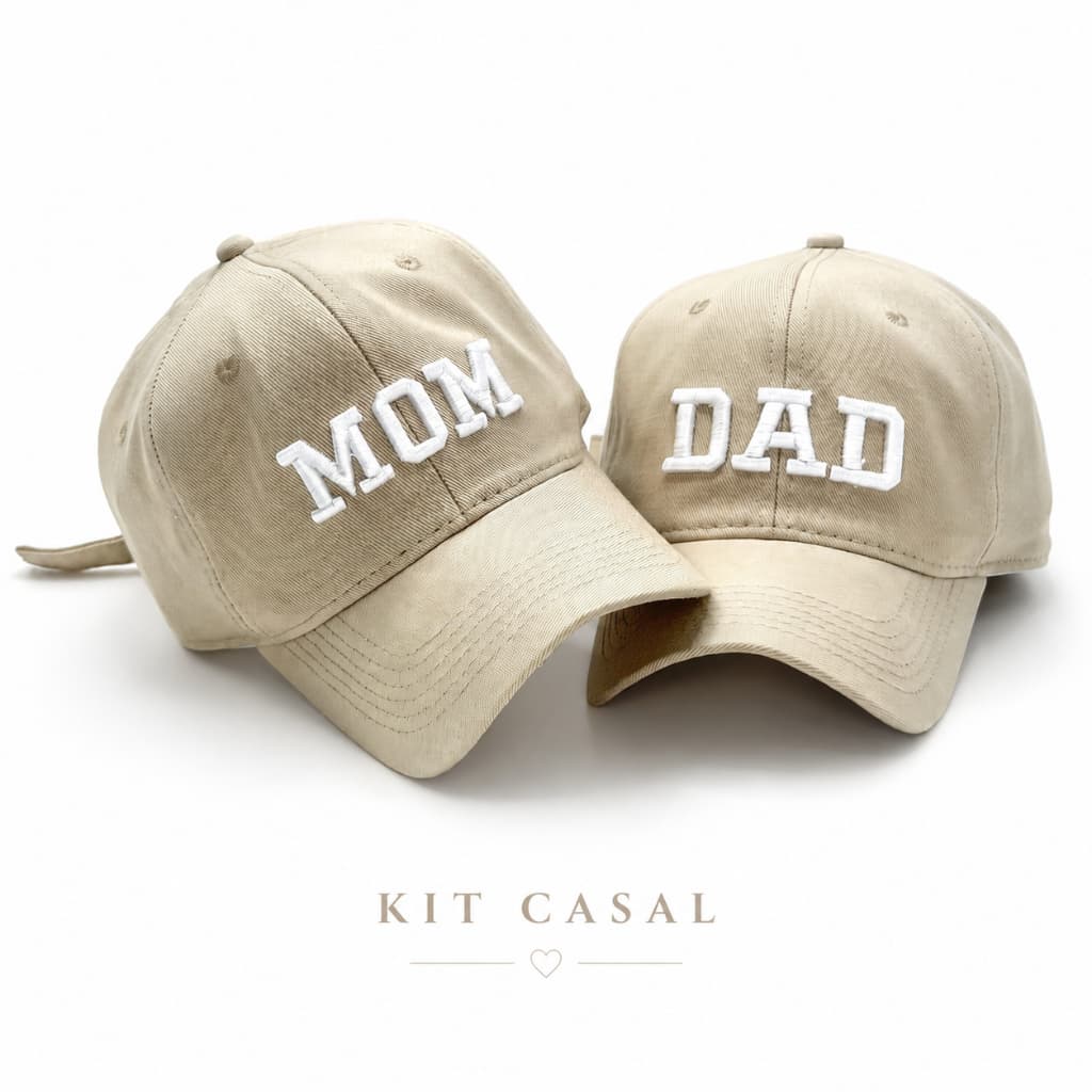 Kit Casal Boné Dad Hat Mom Dad Bordado Alto Aba Curva Ajustável Presente Premium Confortável Diário