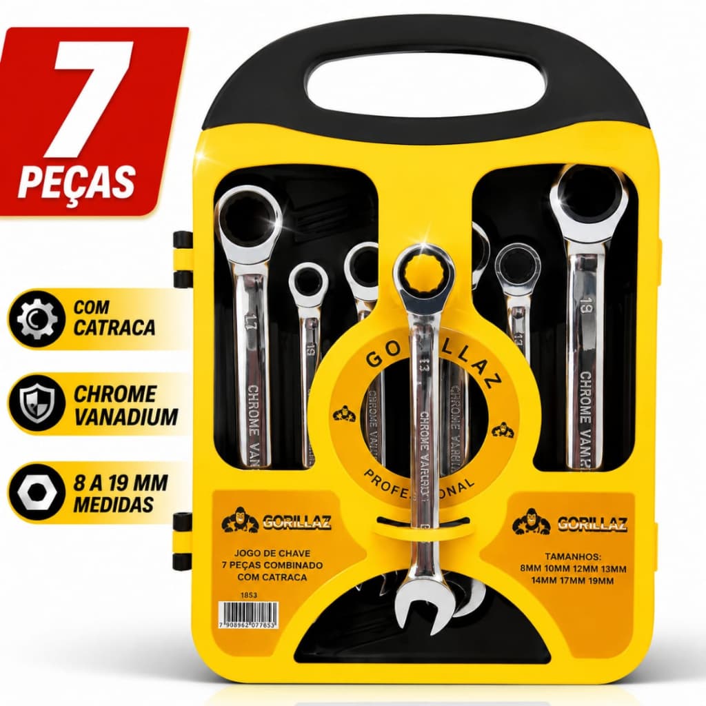 Kit 7 Chaves Combinadas com Catraca Aço Cromo Vanádio 8 a 19mm