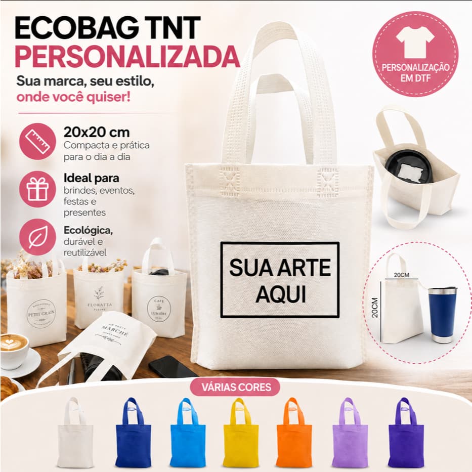 Kit Sacola Ecobag TNT Personalizada 20x20 cm DTF para Brindes Festa Evento Loja Presente