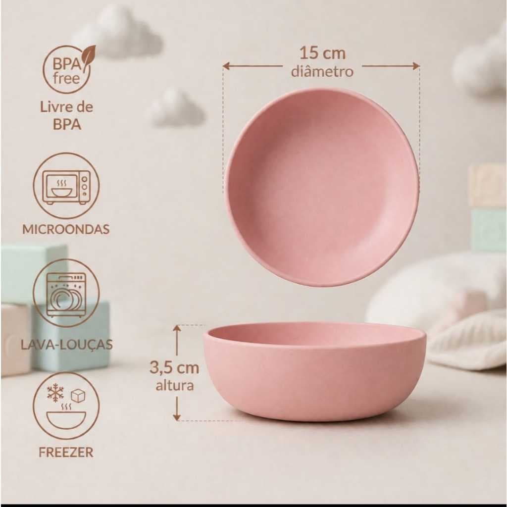Kit 2 Tigela Bow Rosa Ecológica 15cm Introdução Alimentar Refeição Bebê Menina