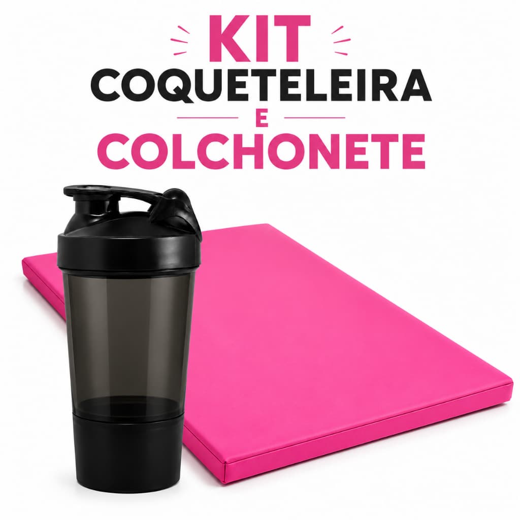 Kit Colchonete Fitness Dobrável Rosa + Coqueteleira 600ml Academia Yoga Pilates Treino Casa