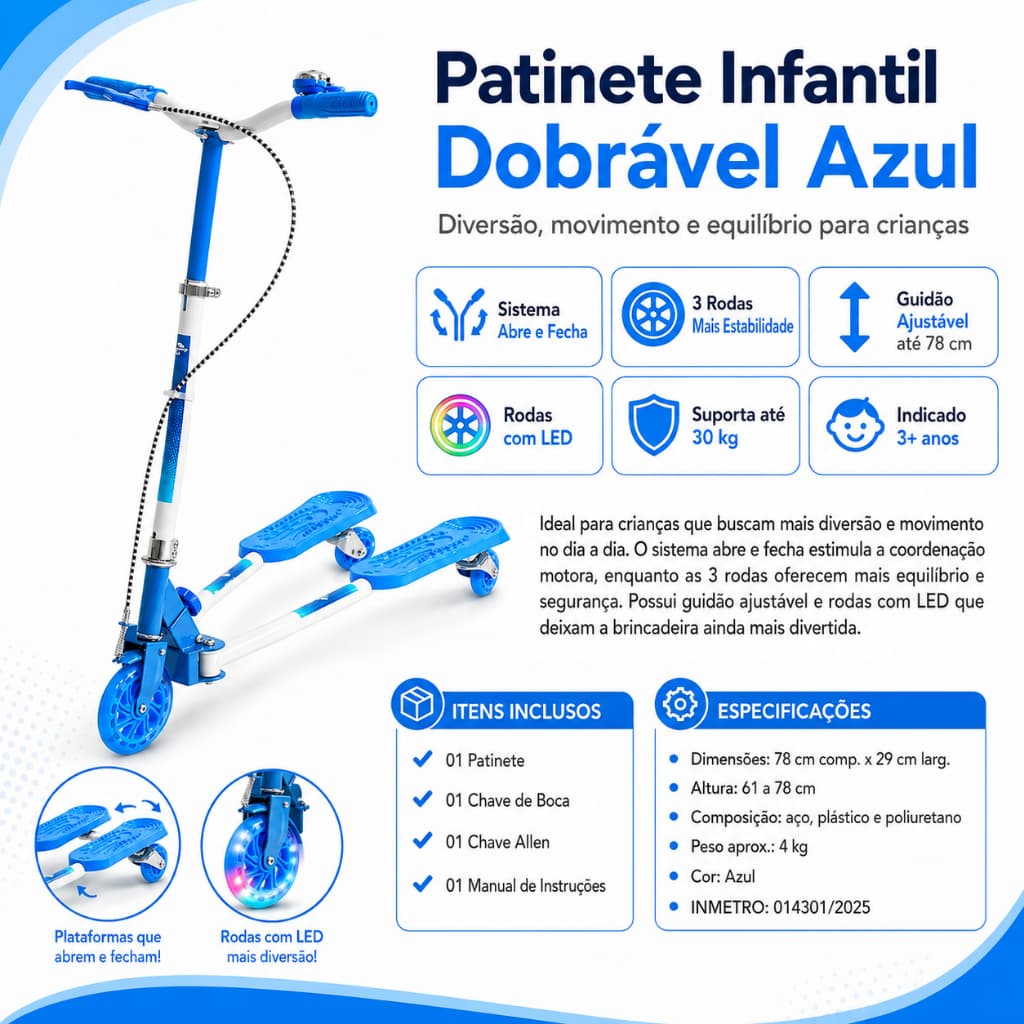 Patinete Infantil 3 Rodas Abre Fecha LED Guidão Ajustável Azul Até 30kg 3 Anos