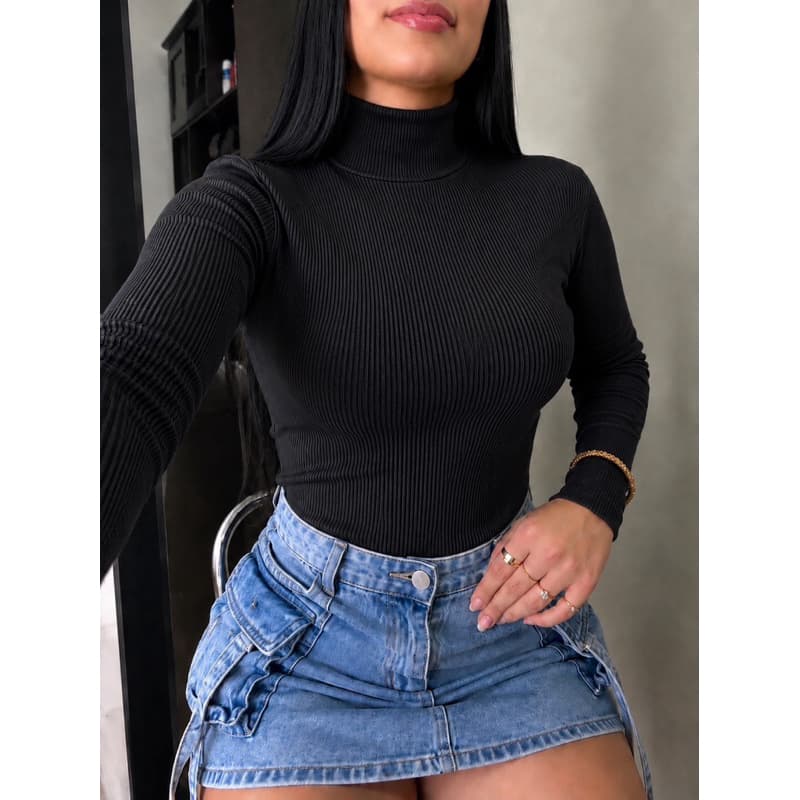 Blusa Feminina Canelada Manga Longa  Gola Alta Basica Casual Moderna Segunda Pele Outono e Inverno