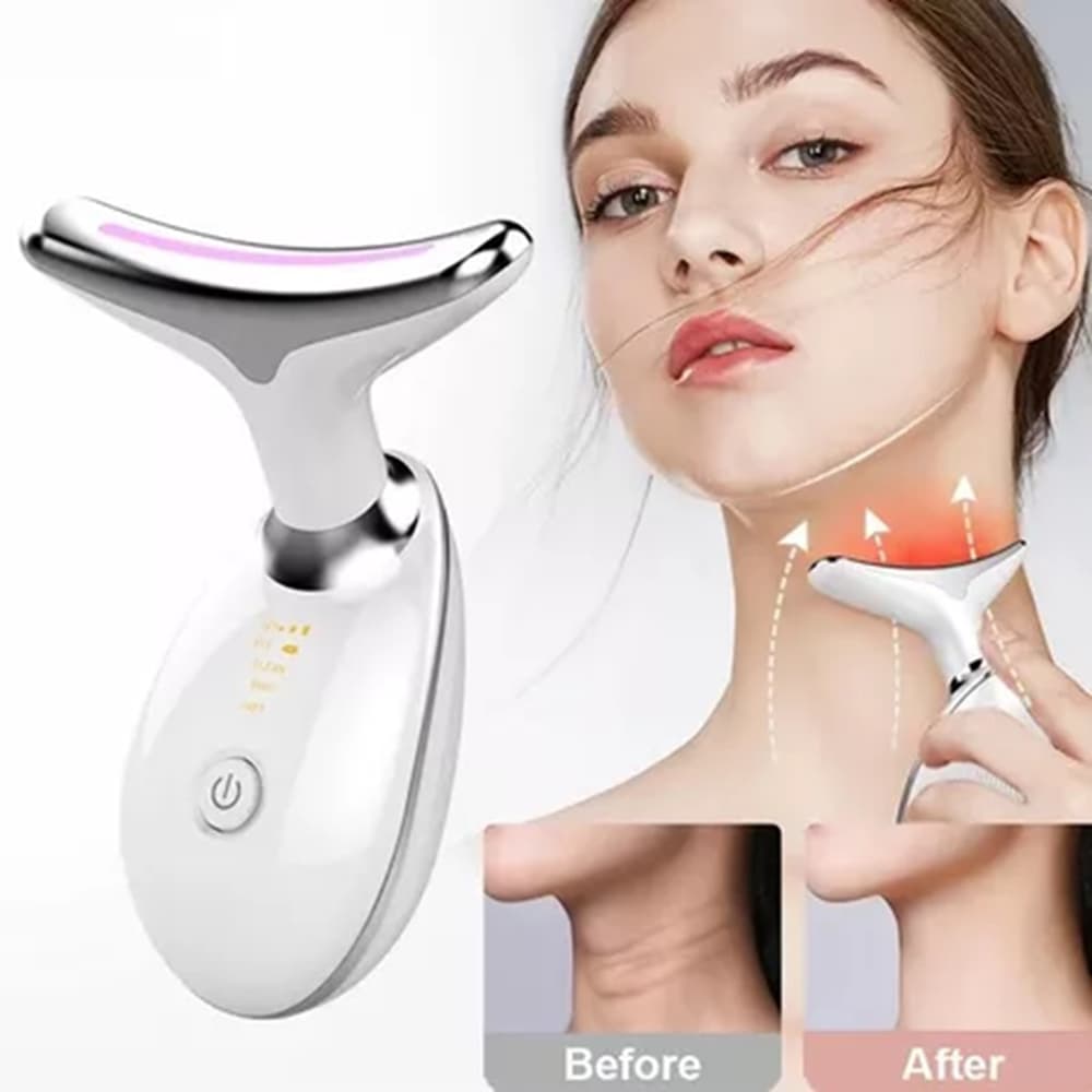 Massageador Facial e Pescoço LED Vibração Fototerapia Anti-Rugas Rejuvenescimento Firmeza Pele Portátil