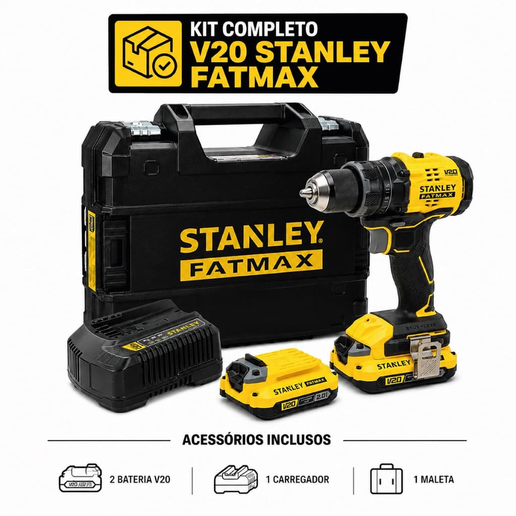 Parafusadeira Furadeira de Impacto 20V Stanley Brushless 13mm 65Nm 2 Baterias Maleta TSTAK Bivolt
