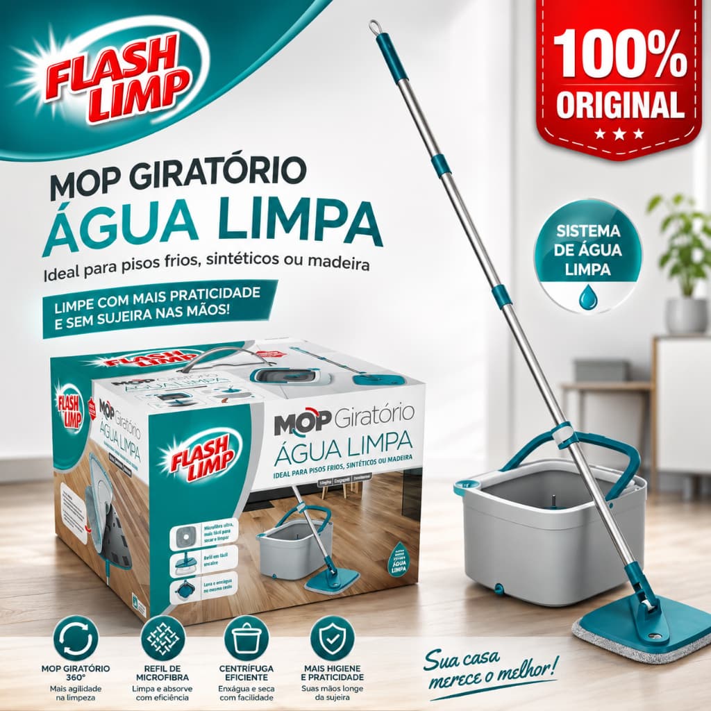 Mop Esfregao Com Refil De Microfibra Balde Interno Externo 3L Agua Limpa E Suja Flashlimp MOP0648