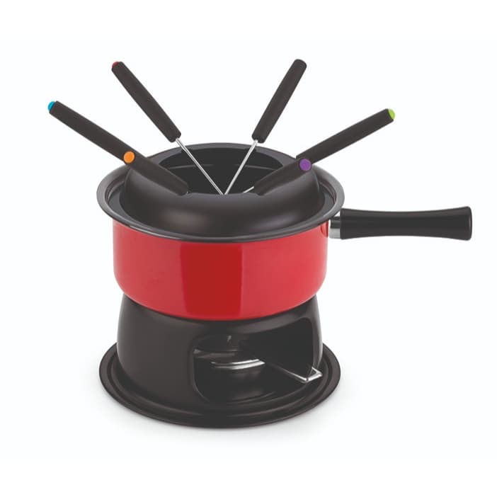 Aparelho De Fondue Panela Vermelha Esmaltado 12 Peças Para Queijo Chocolate Kit Conjunto Alto Padrão Qualidade Forma Inx