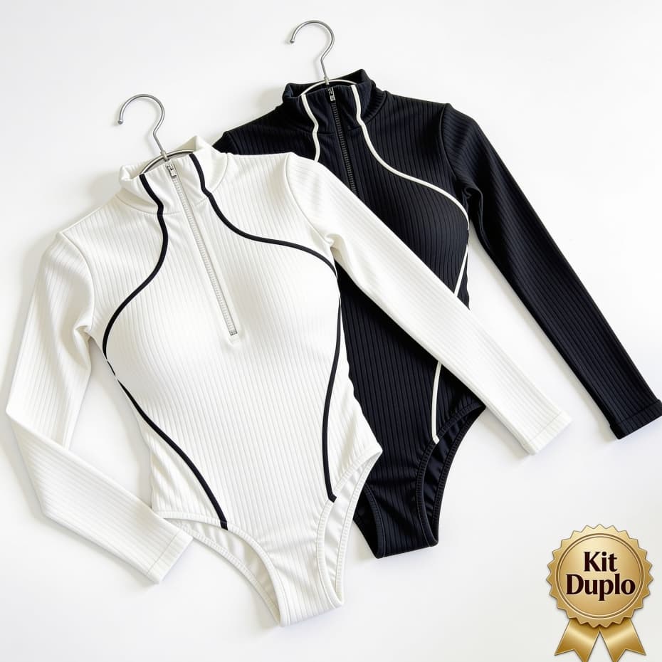 Kit Body Feminino Canelado Manga Longa com Zíper Frontal Feminina anarruga Inverno 2026 Casul moda gringa