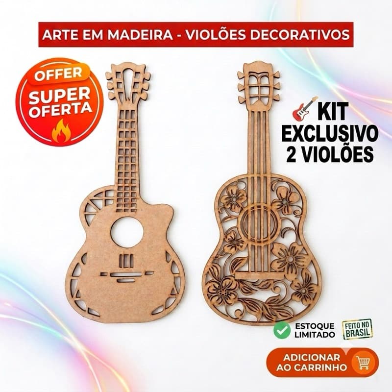Decoração Parede Violão Guitarra MDF Corte Laser - Enfeite Guitar Sala Home Office Estilo Boho