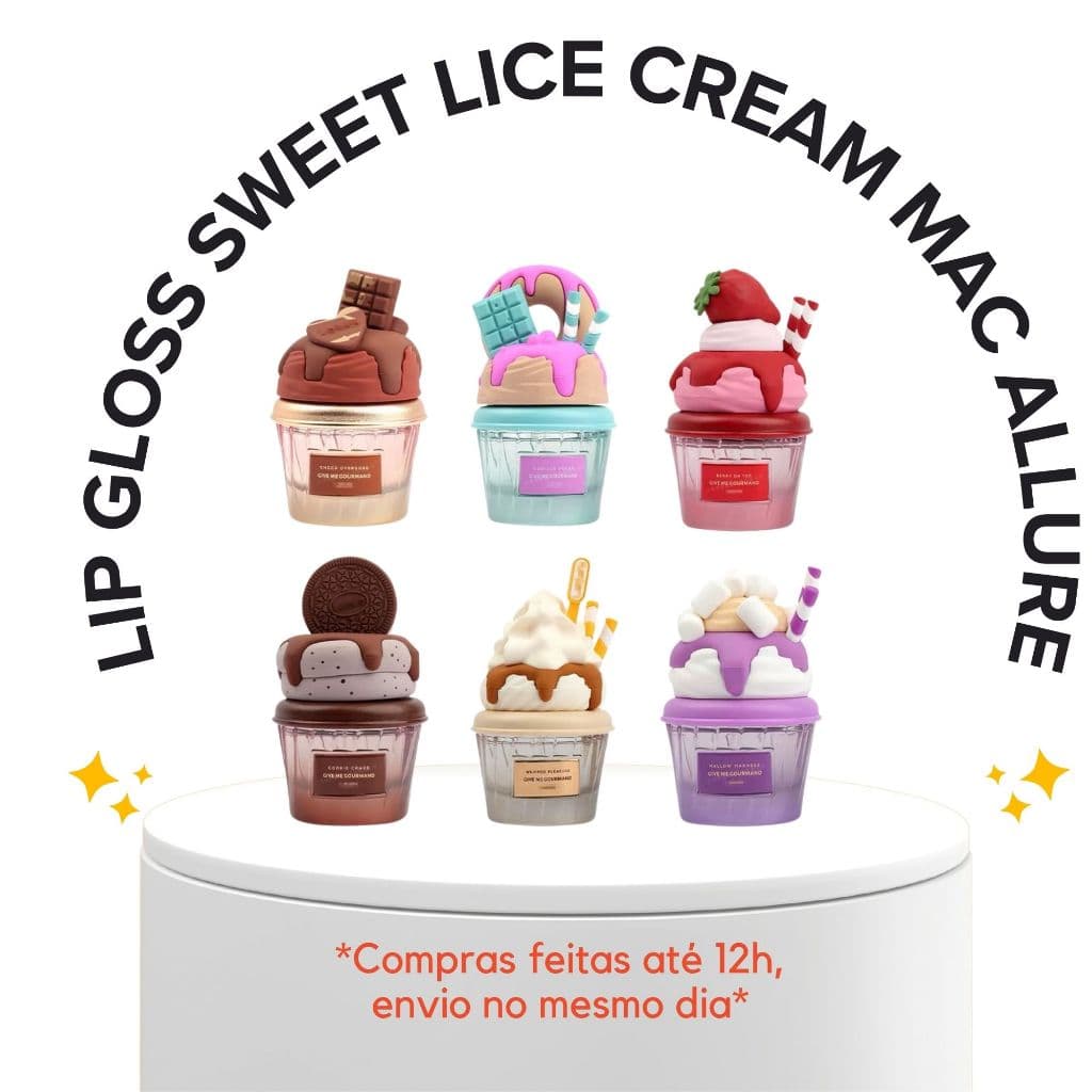 LIP GLOSS SWEET ICE CREAM 6 KINDS OF FRUIT MOCALLURE OTIMA TEXTURA COM ARUMA BEM DECORADO MAQUIAGEM