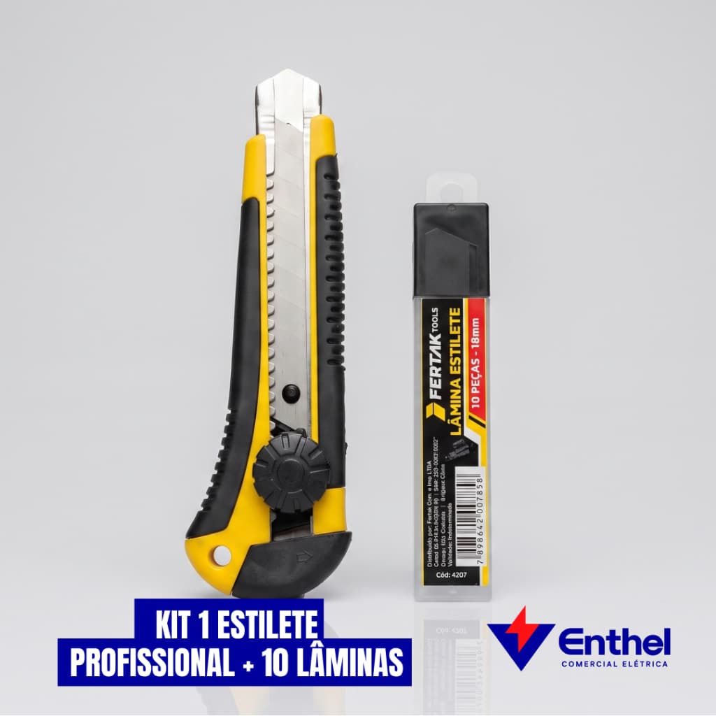 Kit Estilete Profissional Reforçado 18mm Com Trava De Segurança + 10 Lâminas De Reposição Aço Carbono Alta Pre