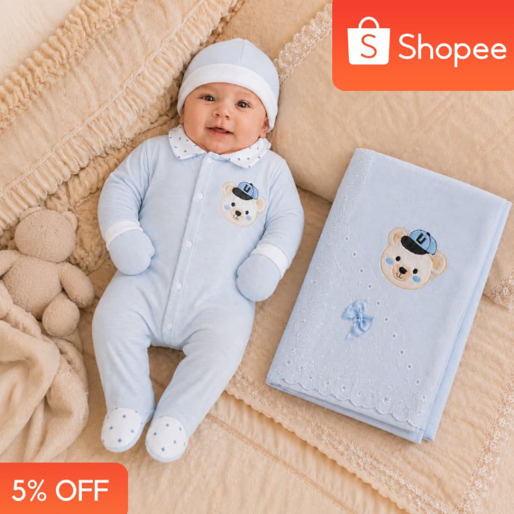 Kit Saída de Maternidade CM Baby – 4 Peças – Macacão, Toca, Manta e Luva – Bebê Recém-Nascido
