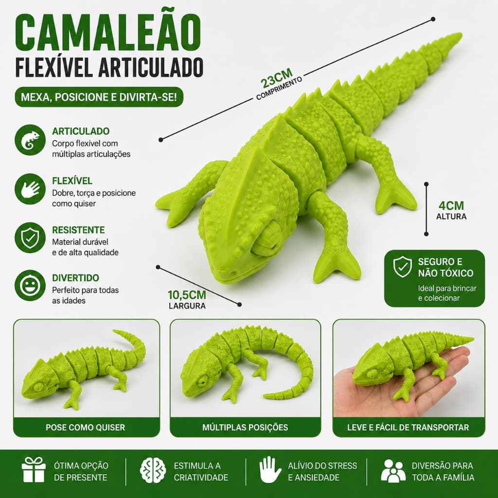 Camaleão Articulado Realista Anti-Stress Brinquedo Sensorial Flexivel Decoração Presente