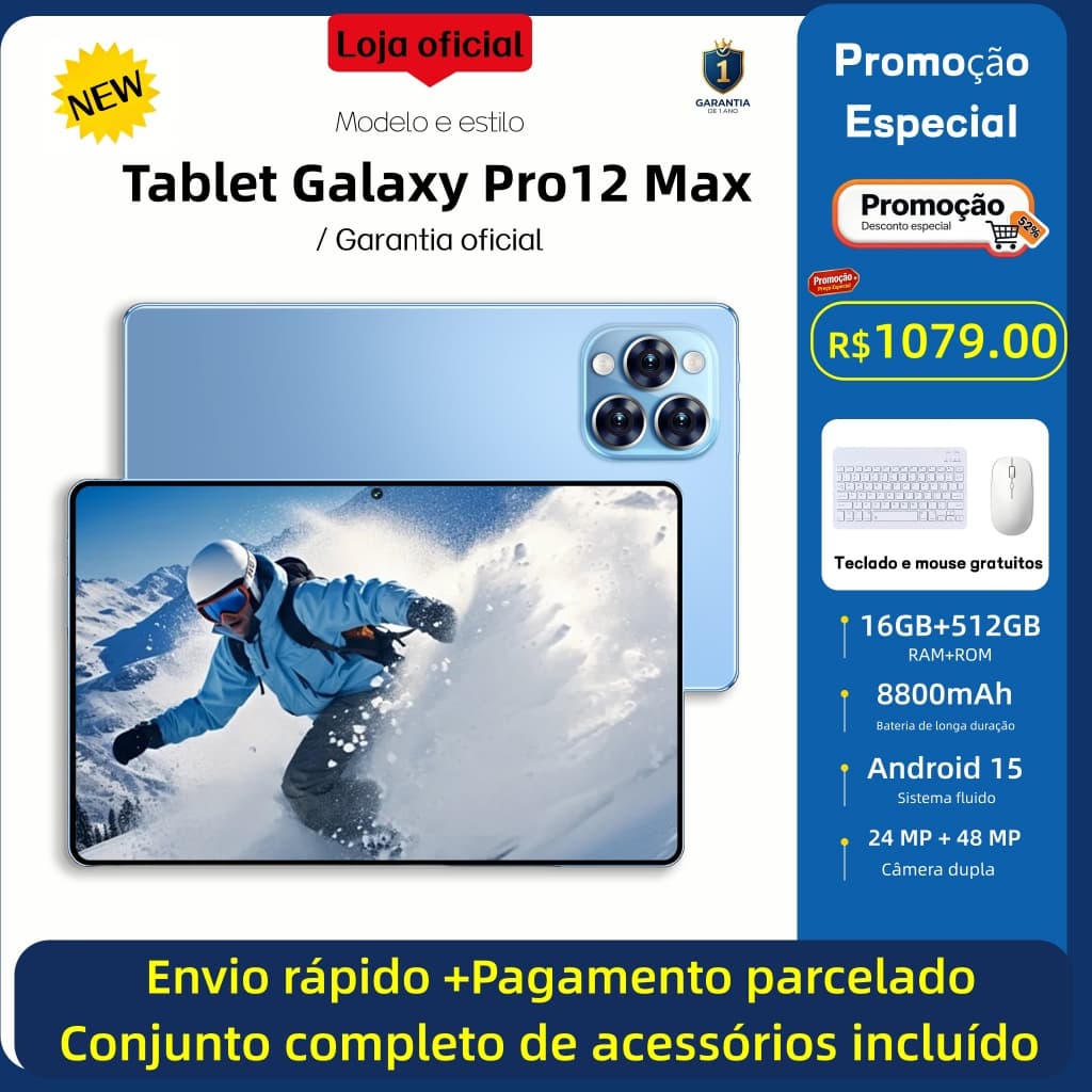 [Teclado, mouse e fones de ouvido grátis] Tablet Galaxy Pro12 Max 11,6 polegadas HD 16 GB + 512 GB 8.800 mAh Android
