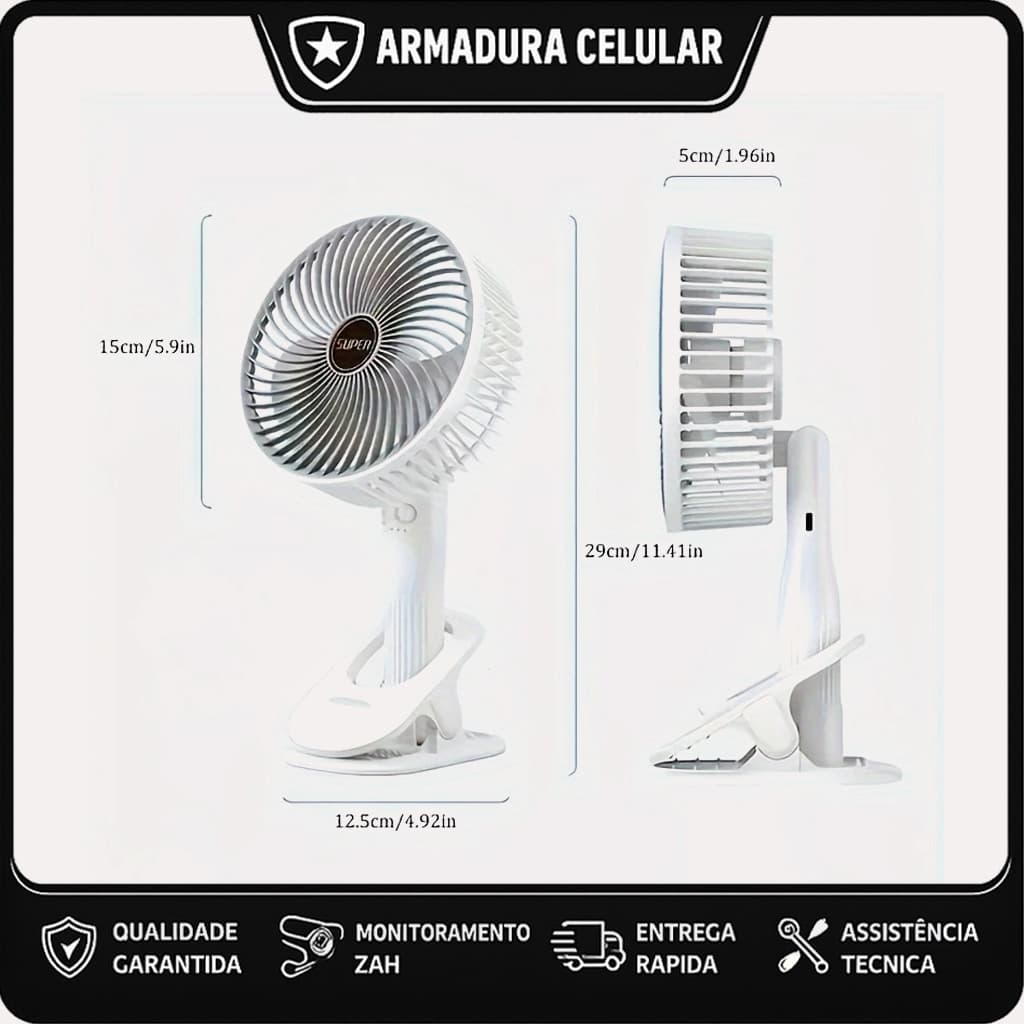 Ventilador Portátil Recarregável com Clipe e Base + Suporte para Celular – Para Casa, Escritório e Viagem