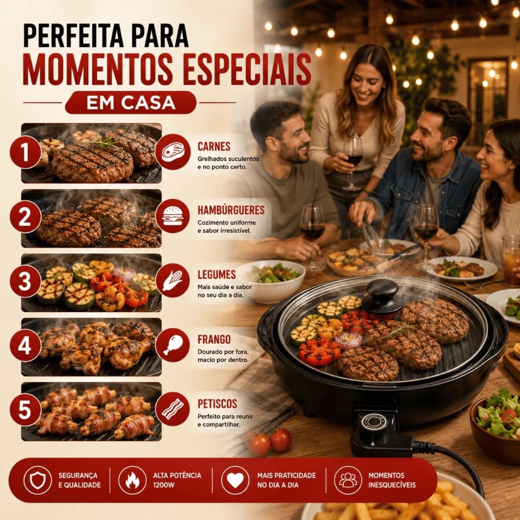 Grill Eletrico Redondo Premium Termostato Ajustavel Alta Performance 220v Preto