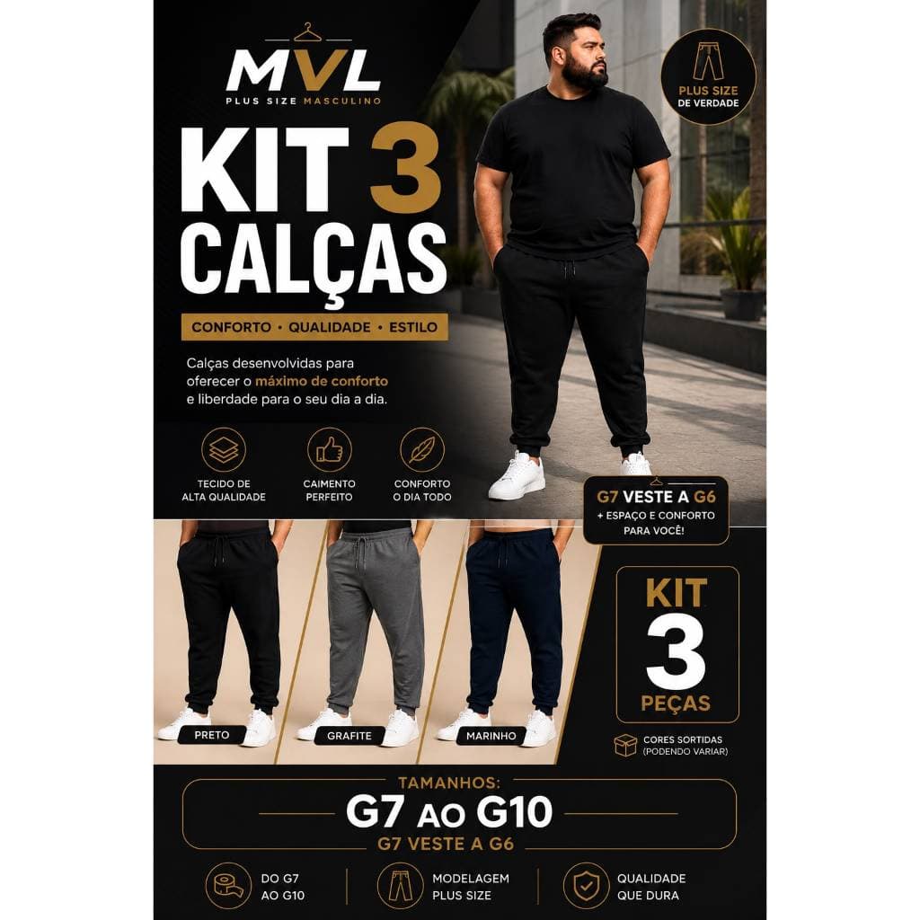 Calça Masculina Plus Size G7, G8 e G10 Kit 3 Peças Esporte