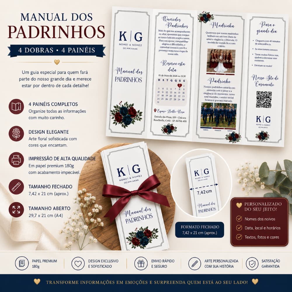 Manual dos Padrinhos Personalizado | Folder 4 Dobras | Convite de Casamento | 4 Painéis