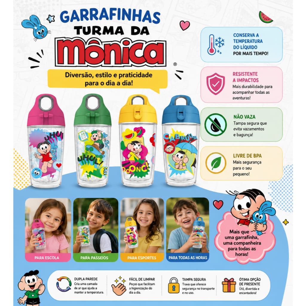 Garrafa Turma da Mônica Infantil Dupla Parede Conserva Temperatura Resistente Livre BPA Presente dia das crianças