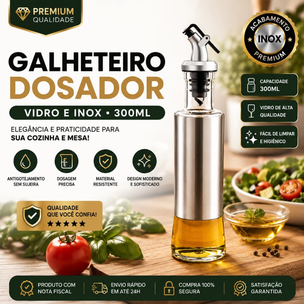 Galheteiro Dosador Vidro 300ml para Azeite ou Vinagre com Suporte Inox Antigotejamento