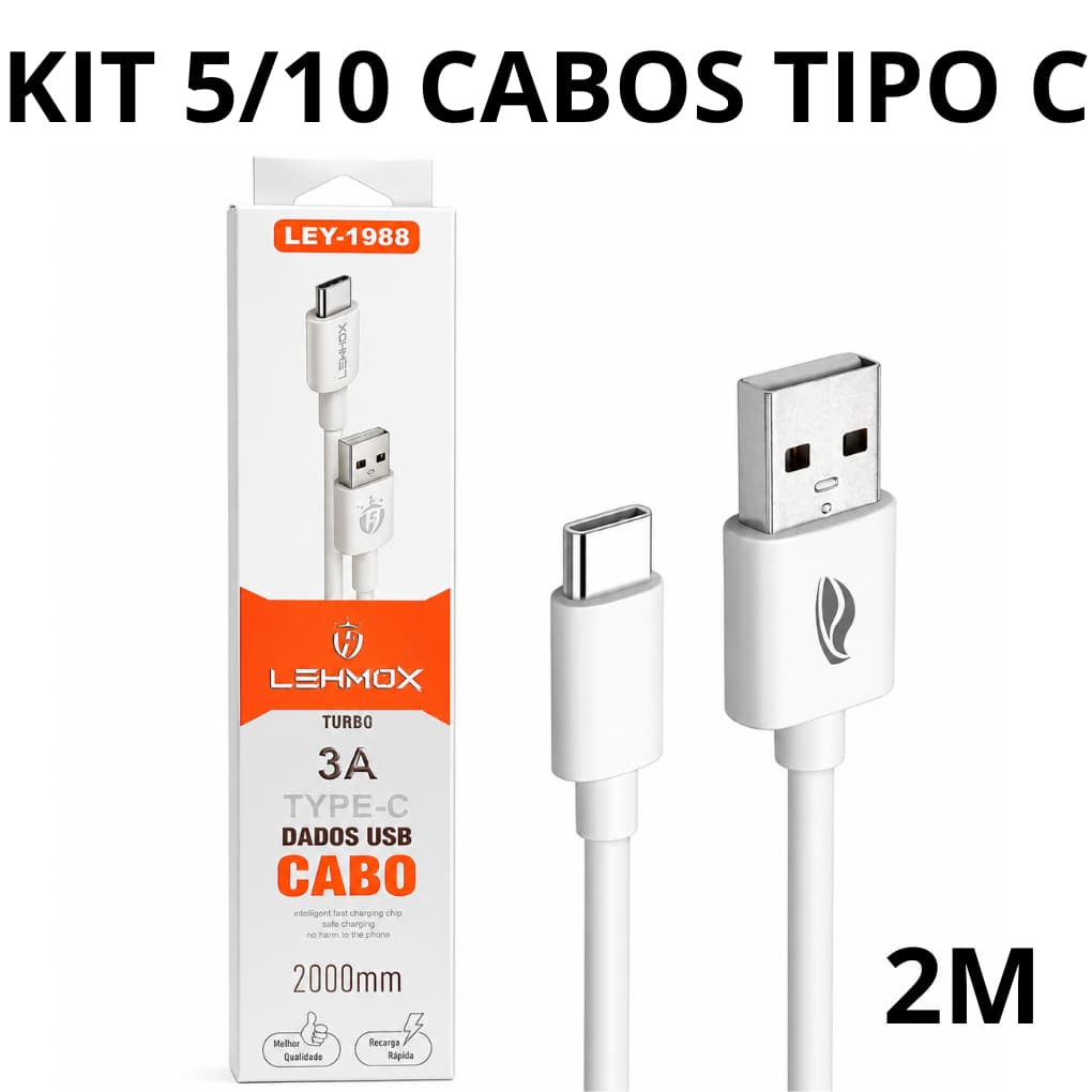 Kit 5/10 Cabo Carregador Tipo C 2 Metros Turbo Reforçado