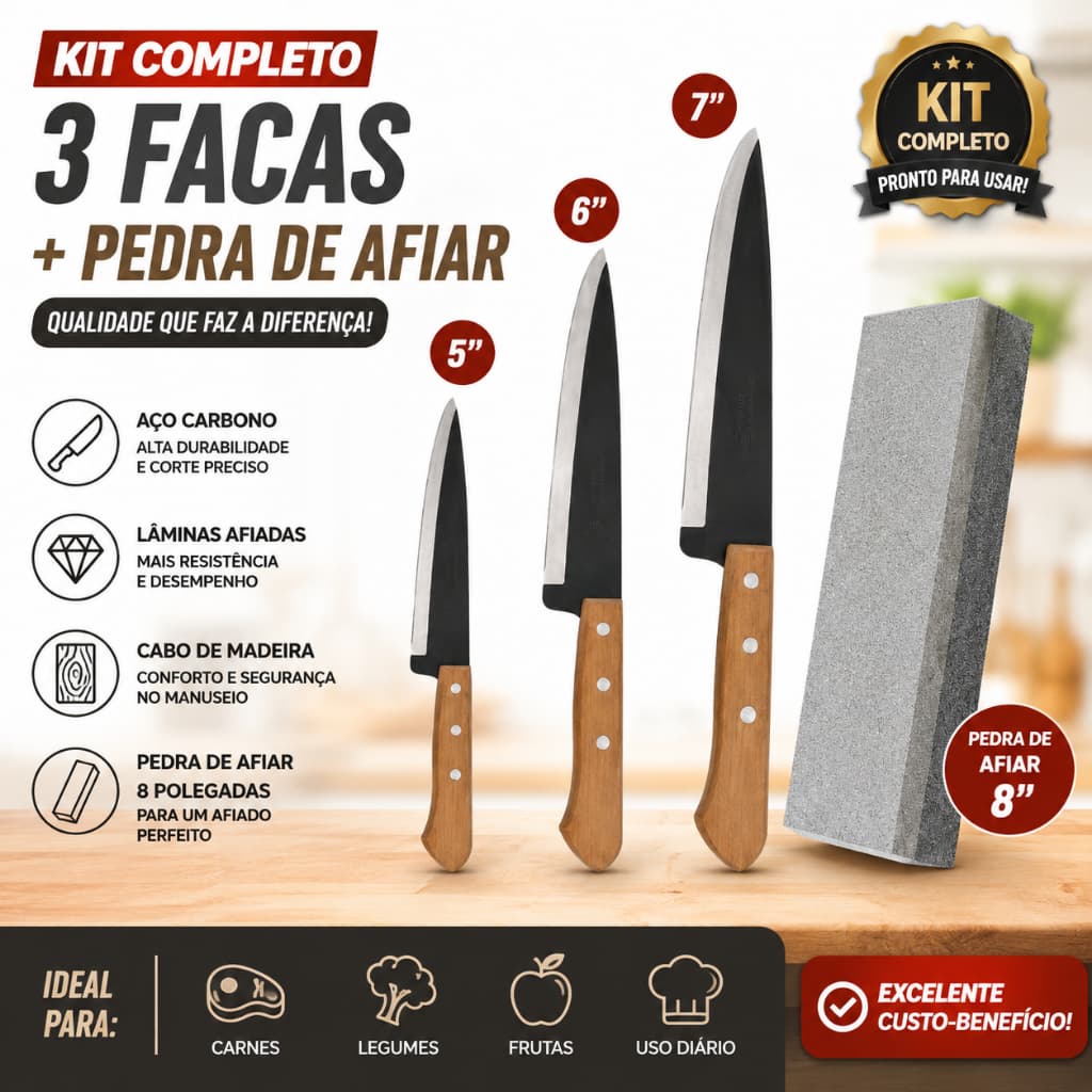 Kit 3 Facas Tramontina  Aço Carbono 5 6 7 Polegadas + Pedra de Afiar 8 Pol. Churrasco e Cozinha