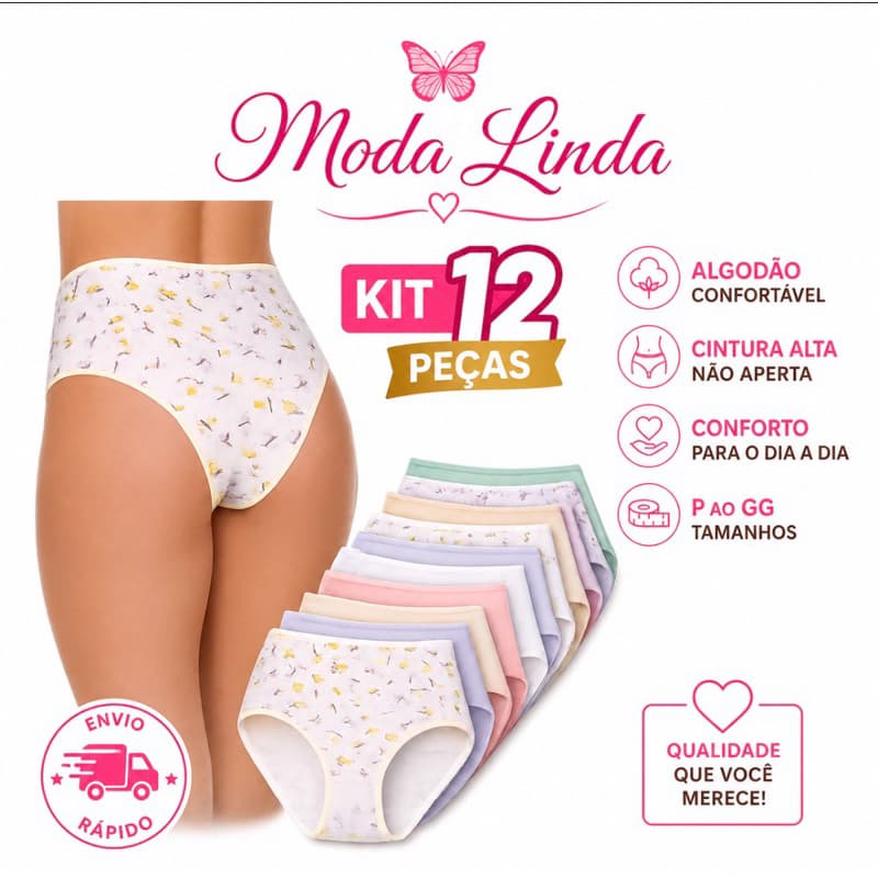 Kit 12 Calçolas De Senhoras De Algodao Com Cintura Alta Lisas e Estampadas
