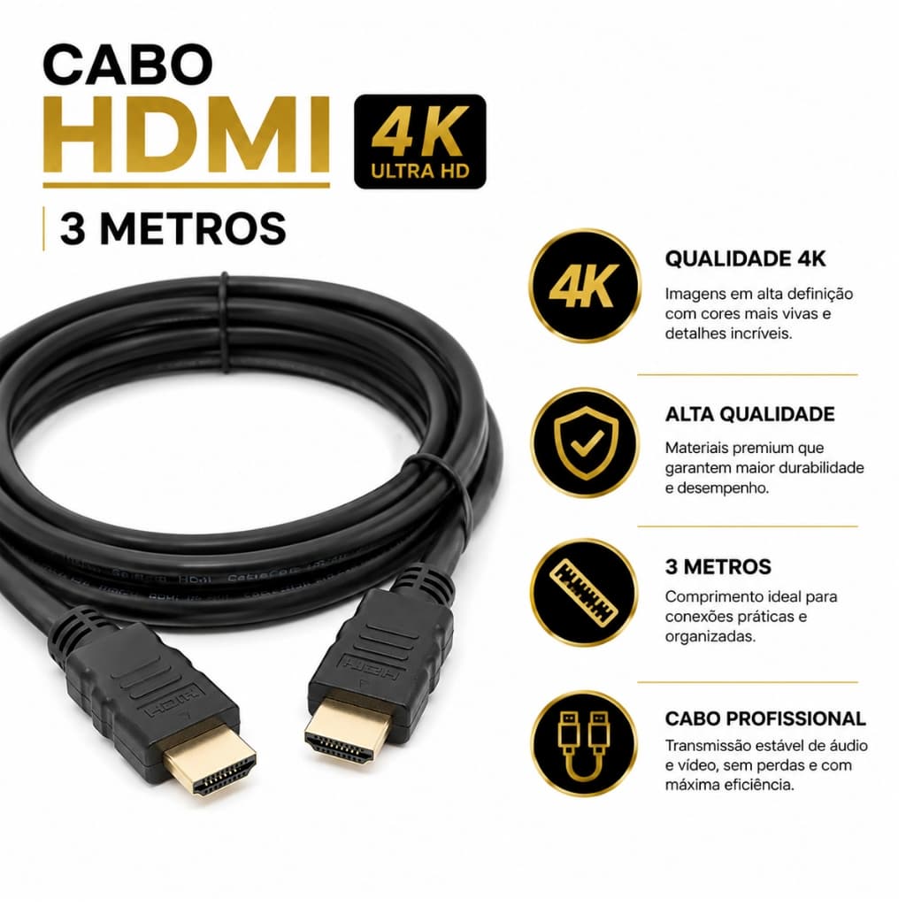 Cabo HDMI 4k HD Alta Definição 3 Metros Full HD 1080p 1980p Video Game Computador Receptor