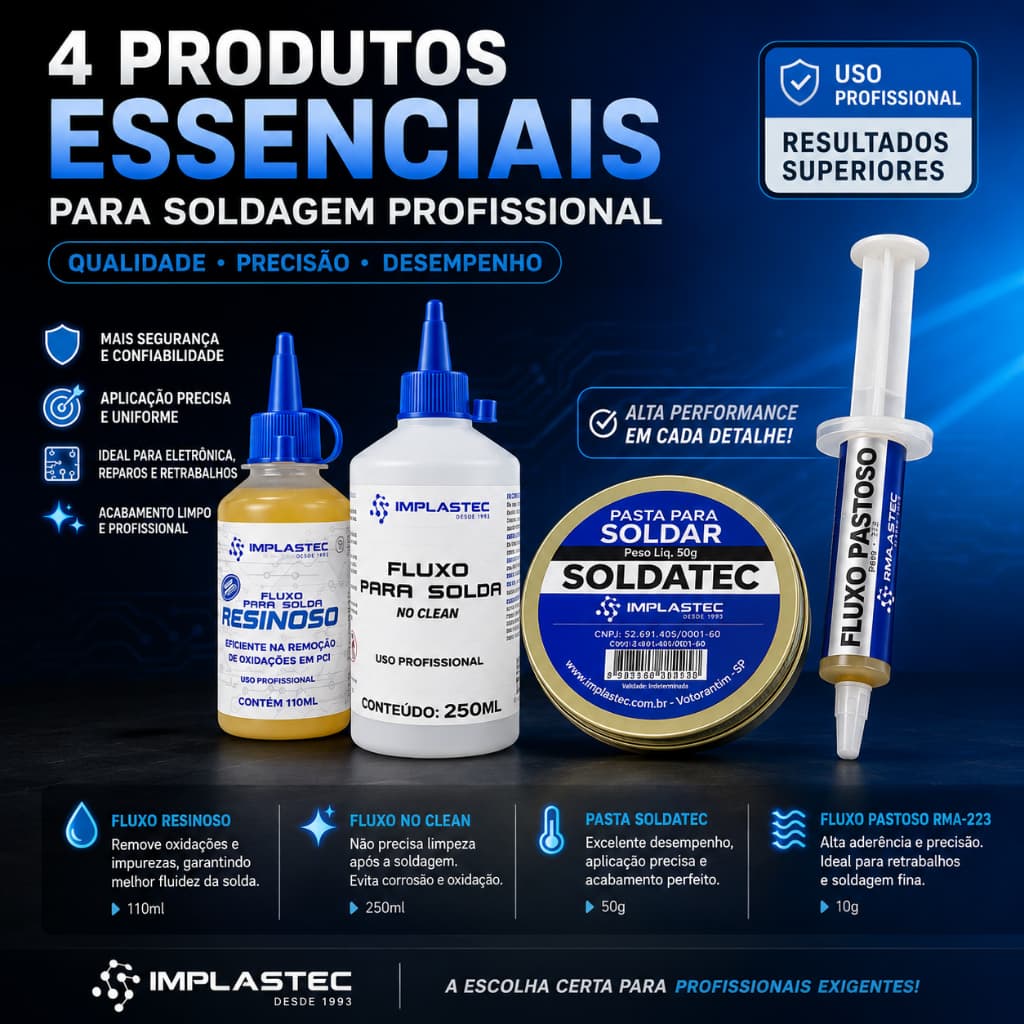 Kit soldagem Fluxo de solda liquido No Clean 250ml + Pastoso + Resinoso Liquido 110Ml + Pasta Soldatec 50g