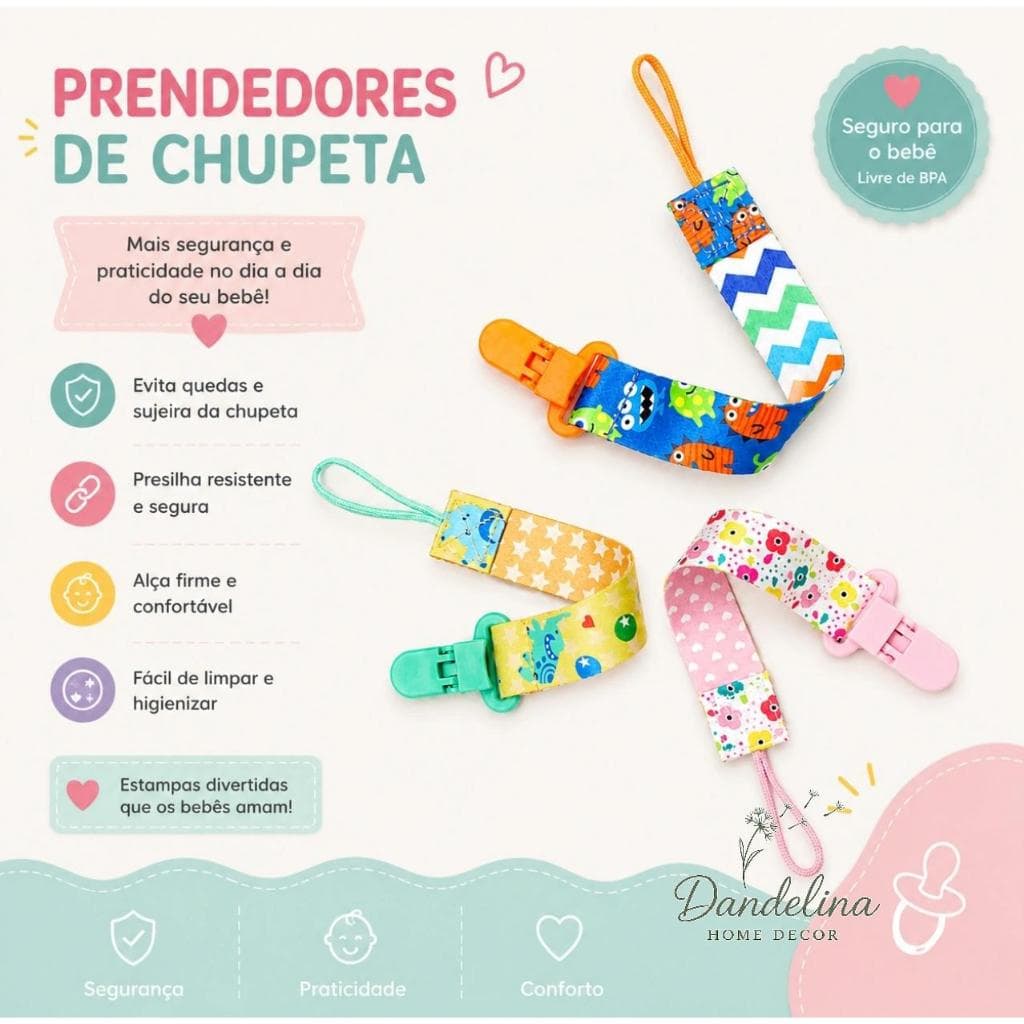 Prendedor de Chupeta Com Trava Com Corrente Clipe Chupeta Menino e Menina