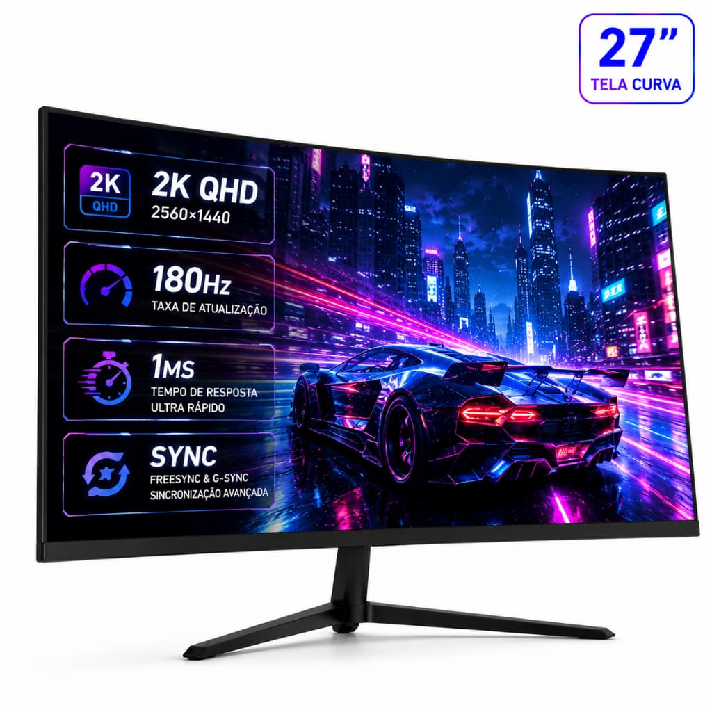 Monitor Gamer Curvo 24"1K/27" 2K QHD 180Hz 1ms | Adaptive Sync, Borda Fina, HDMI/DP, Ajuste de Inclinação para Setup